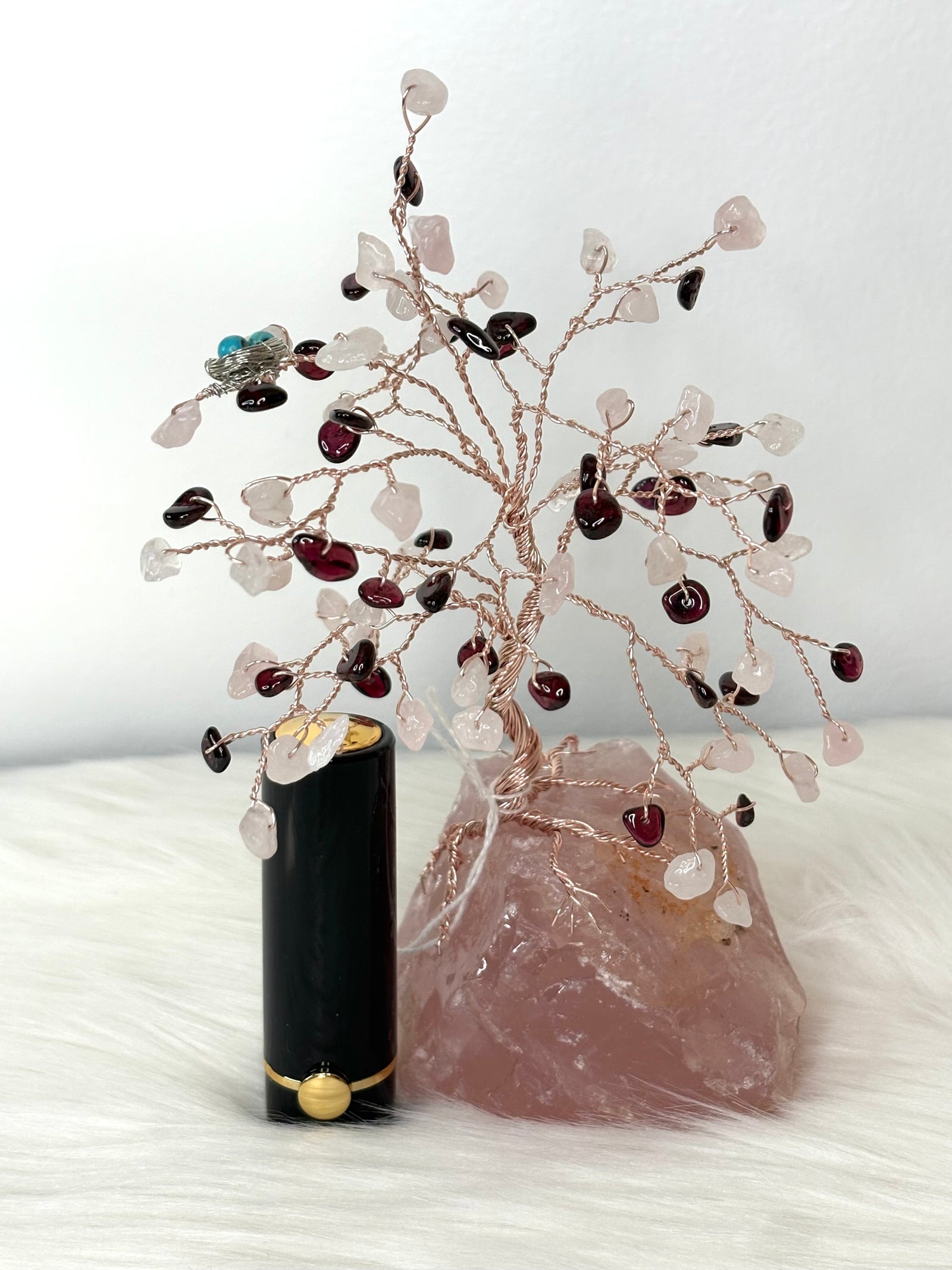 Garnet & Rose Quartz Gem Tree on Rose Quartz + Free Hydralip Stick