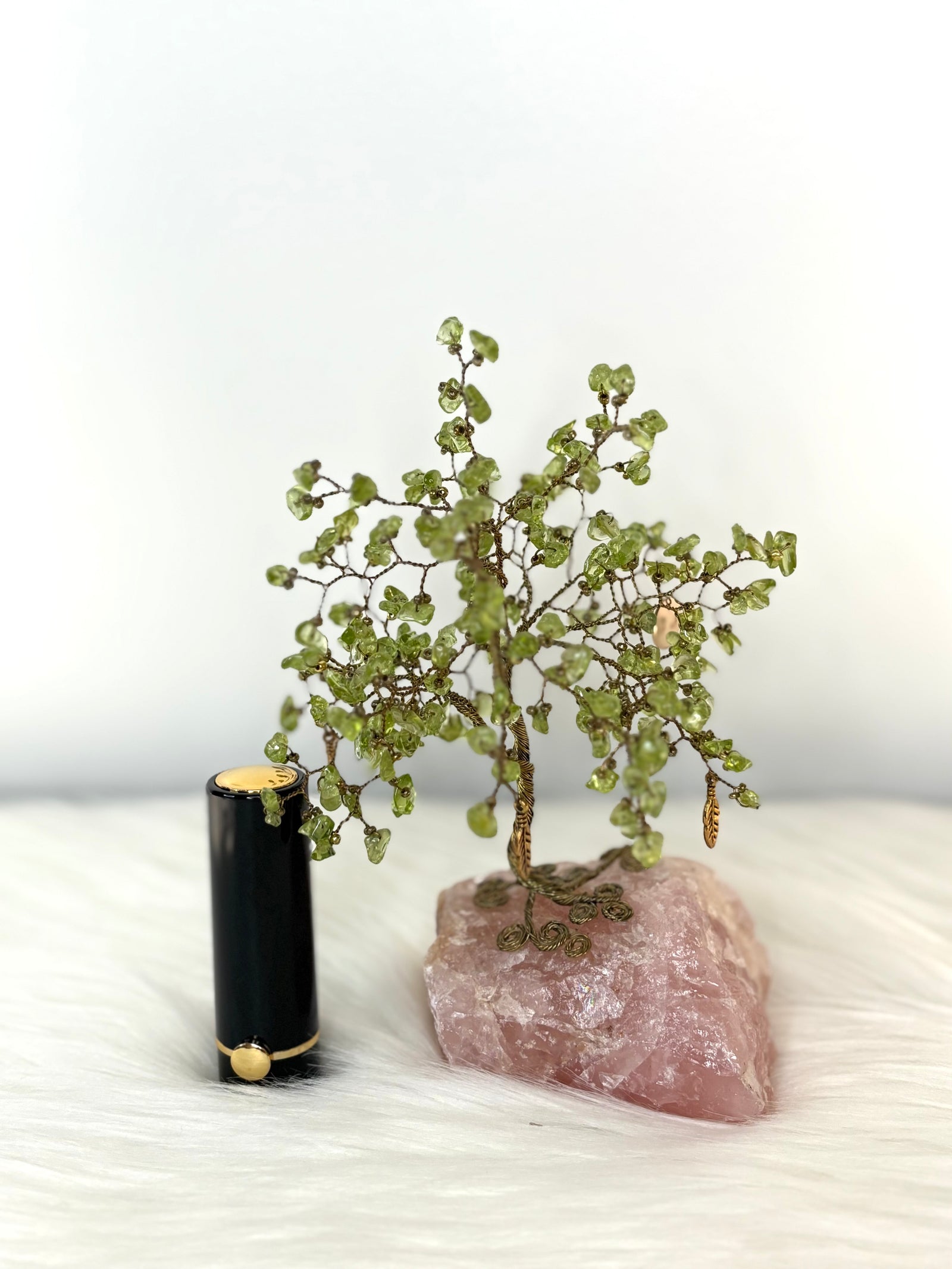 Peridot Gem Tree on Rose Quartz Base + Free Hydralip Stick